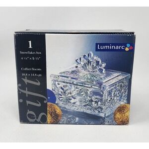Vtg Luminarc Snow Flakes Glass Trinket Candy Jewelry Box w Lid NIB 4.24" x 5.25"